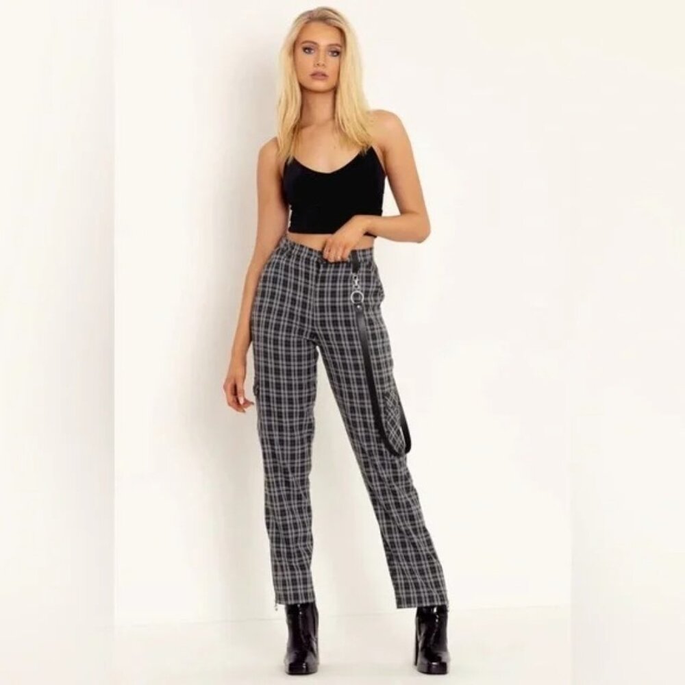 Blackmilk Tartan Grey Zipped Cargo Pants